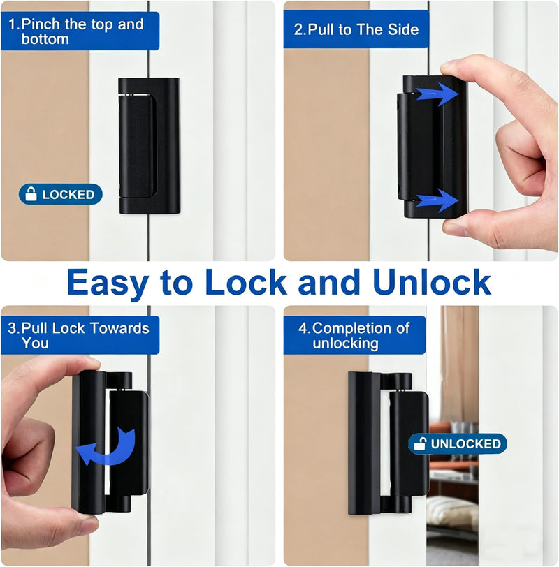 Home Security Door Lock,Childproof Door Reinforcement Lock,with 3" Stop Withstand 800 lbs,for Inward Swing Doors,Night Kids Safety Metal Flip Lock Deadbolt Latch (2, Black) 2