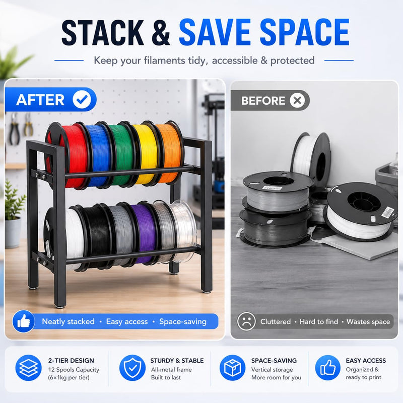 2-Tier Filament Storage Rack, Metal Rolling Spool Holder Stand, 3D Printer Filament Organizer Shelf for Tabletop,Holds up to 12×1kg Spools-Anti Slip- Ideal for Home, Office, Workshop