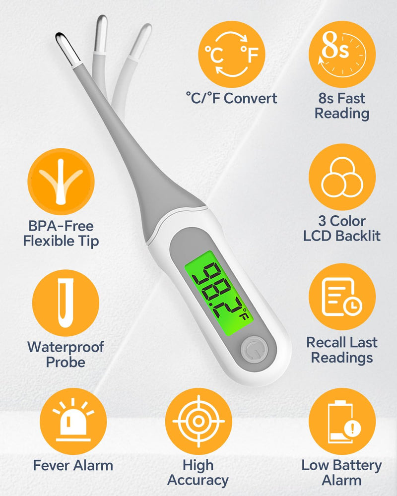 8 Seconds Digital Oral Thermometer for Adults and Kids, Accurate & Safe Baby Thermometer with Fever Alarm, 3 Backlits Display, Flexible Tip, Medical Basal Thermometer for Rectal, Underarm Grey