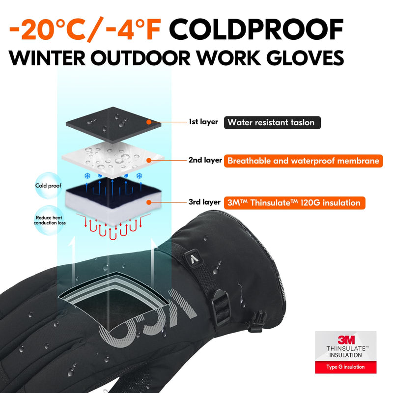 Vgo... -20/-4F Winter Work Gloves - Waterproof Insulated Gloves (1 Pair, L, Black, SL7761FLWP) Large(1 Pair) Black-synthetic Leather