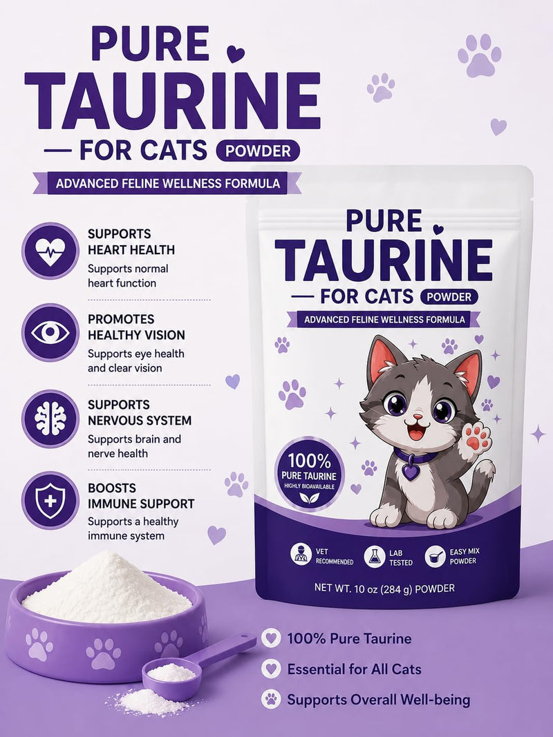 Taurine for Cats - Taurine Powder Supplement Boost, Energy & Vitality, Skin & Coat Health for Heart, Vision & Daily Wellness (10 OZ - 285 Grams) 10 OZ - 285 Grams