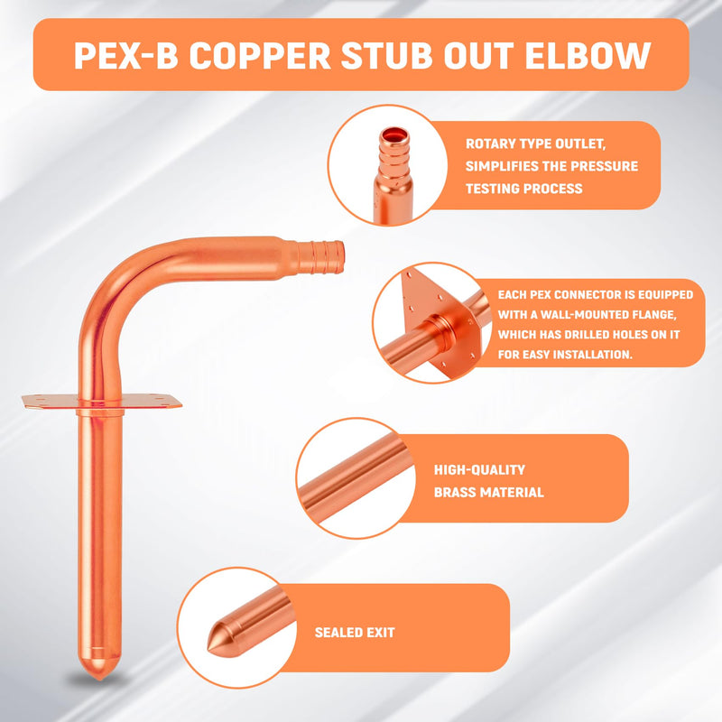 Pack of 5,1/2 In Copper Stub Out Elbows with Wall Flange,F1807 Lead-Free PEX-B/C Barb Crimp Fittings,6 Inch Length, for Bathroom Faucet, Shower Valve,Toilet Supply,Easy Installation, Remodel Plumbing Copper Elbow