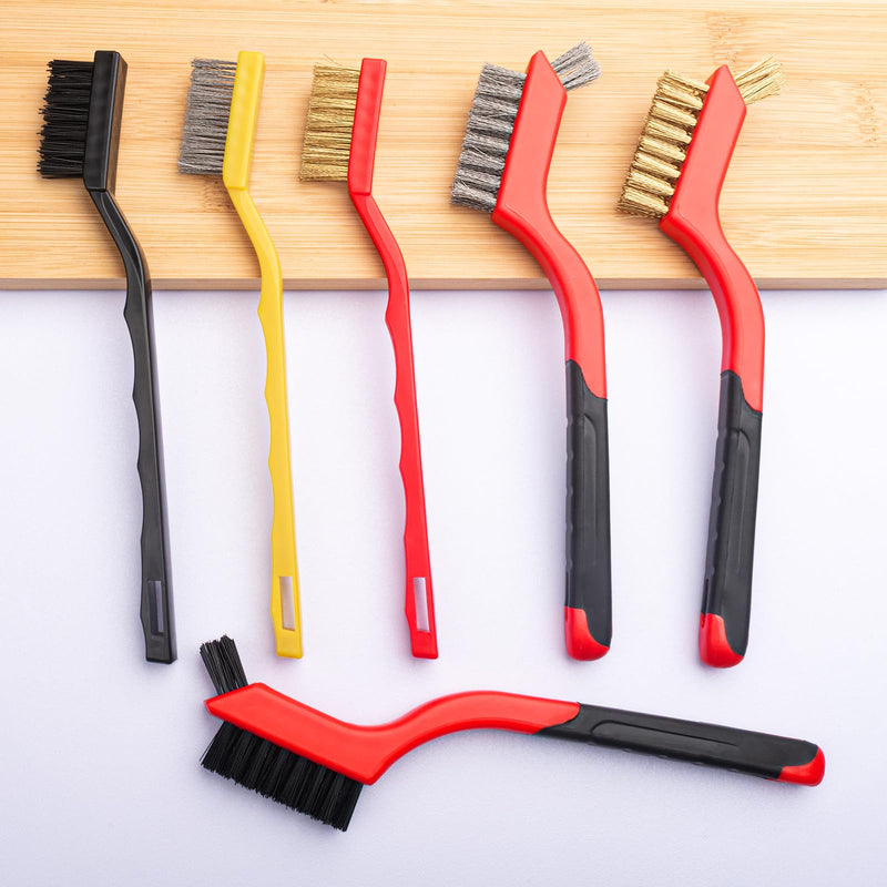 Wire Brush Set 6Pcs, Stainless Steel/Brass/Nylon/Bristle Brushes for Cleaning Rust, Scrub Removal Paint and Grout - 7 Inches
