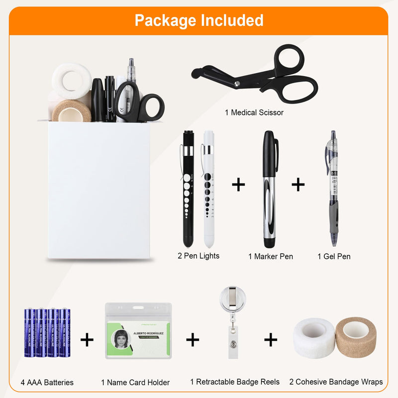 BOVKE 12 Pcs Nurse Tools Set, Medical Supplies Nurse Accessories for Work Includes Medical Scissors, 2 Penlights with Batteries, Bandage Wraps, Name Card Holder Nursing School Essentials, Black