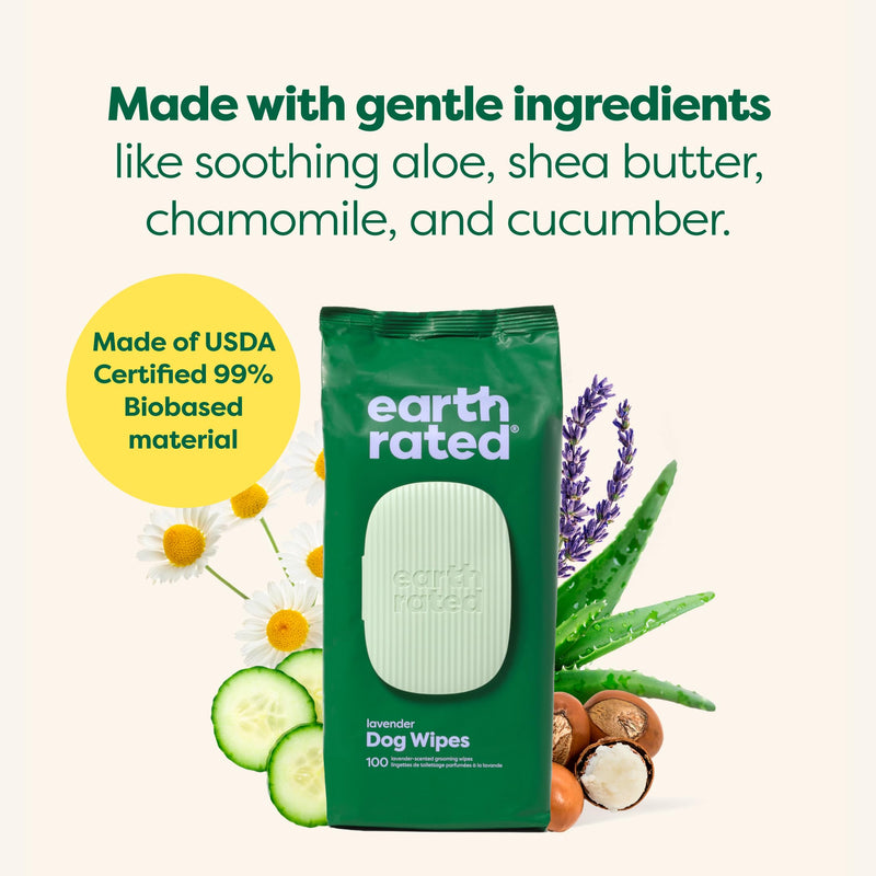 Earth Rated Ear Wipes & Grooming Wipes Bundle - Includes 60 Wild Oat-Scented Pet Ear Wipes and 100 Lavender-Scented Grooming Wipes.