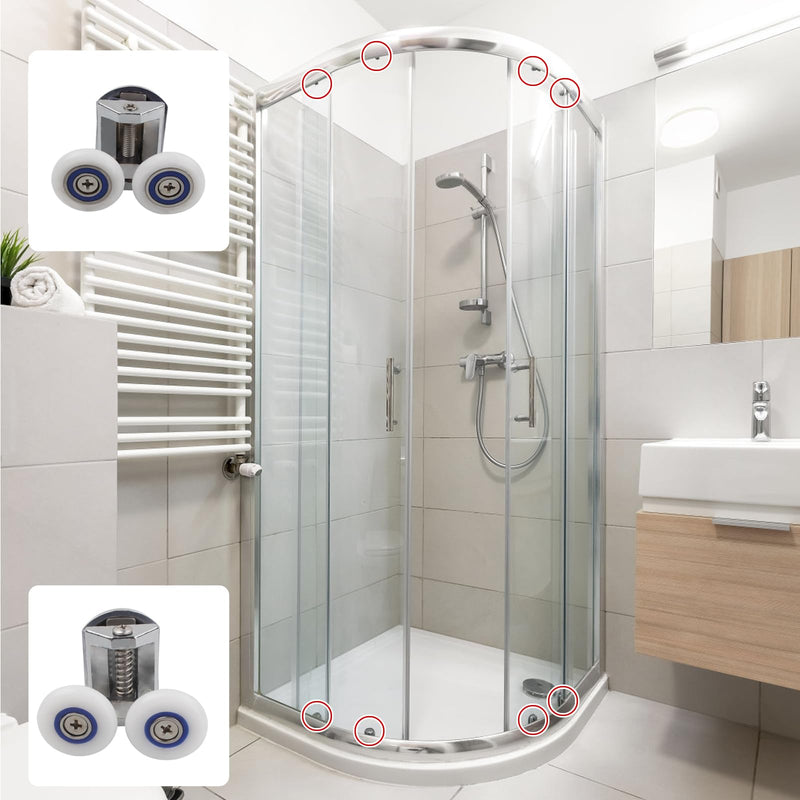 26mm Shower Door Rollers, 4PCS Sliding Shower Doors Wheels, Replacement Wheels Shower Doors，2xDouble Twin top/Bottom Shower ，Shower Door Runners Pulleys for Curved Glass Doors 6-8mm (QY141)