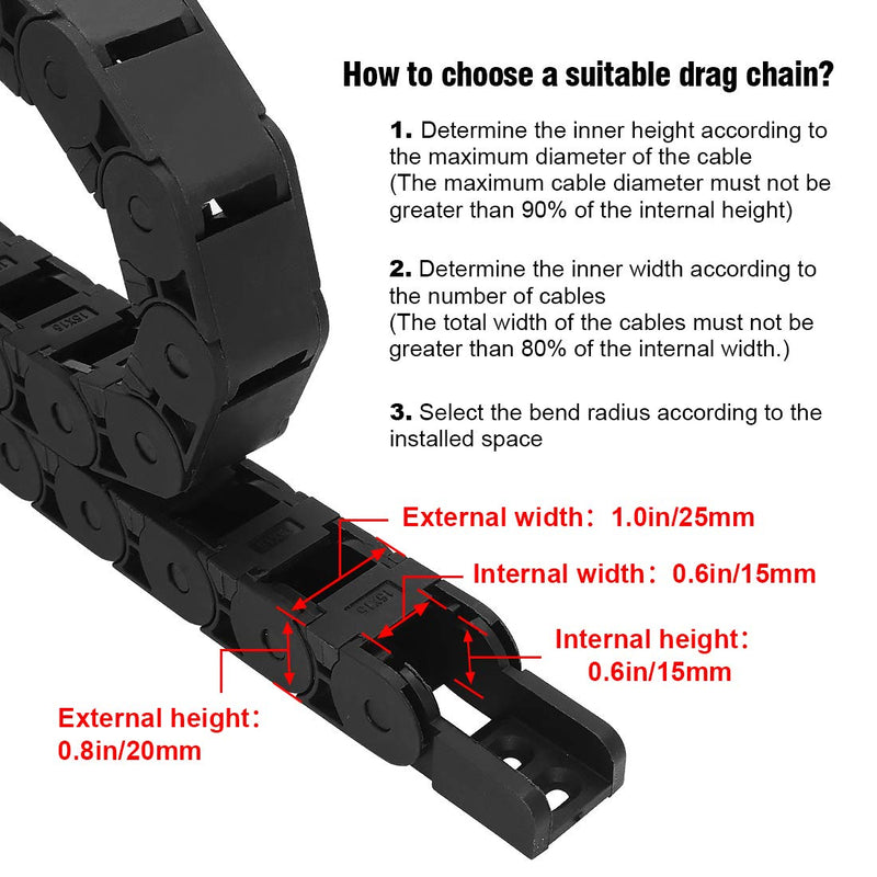 R28/38 15mm x 15mm(Inner H x Inner W) Black Plastic Cable Wire Carrier Drag Chain 1M Length for CNC, with End Connectors - Semi Enclosed Type (Inner side openable) 15*15B