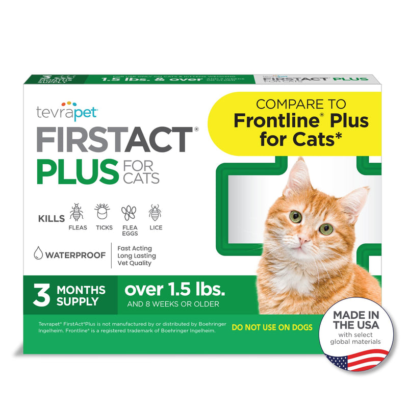 TevraPet FirstAct Plus Flea and Tick Topical for Cats over 1.5lbs, 3 Dose Waterproof Flea and Tick Control/Prevention for 3 Months 3 Doses