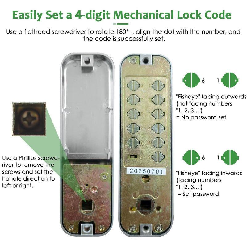 High-Security 12 Digit Keypad Mechanical Door Lock - Keyless Entry, Mechanical Code Lock with Handle, Waterproof & Rustproof, No Battery, Easy to Install, Silver, BH-MDLS0030102 Satin Chrome