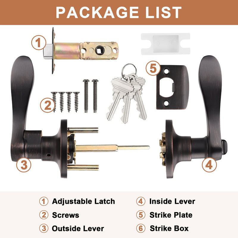 Probrico 2 Pack Entry Door Lever [Lock with 3 Keys],Locking Door Handle Set for Office or Front Door,Oil Rubbed Bronze Wave Entrance Door Lock with Key, Reversible Right & Left Side Handed Keyed Entrance-not keyed alike