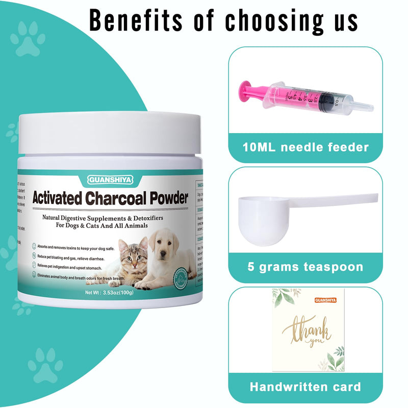 Activated Charcoal for Dogs, Cats, and All Pets, Charcoal for Dogs Poisoning, Digestive Upset and Gas Relief, Liver Support, Non-GMO, Gluten Free,3.53oz(Powder) N3.53oz