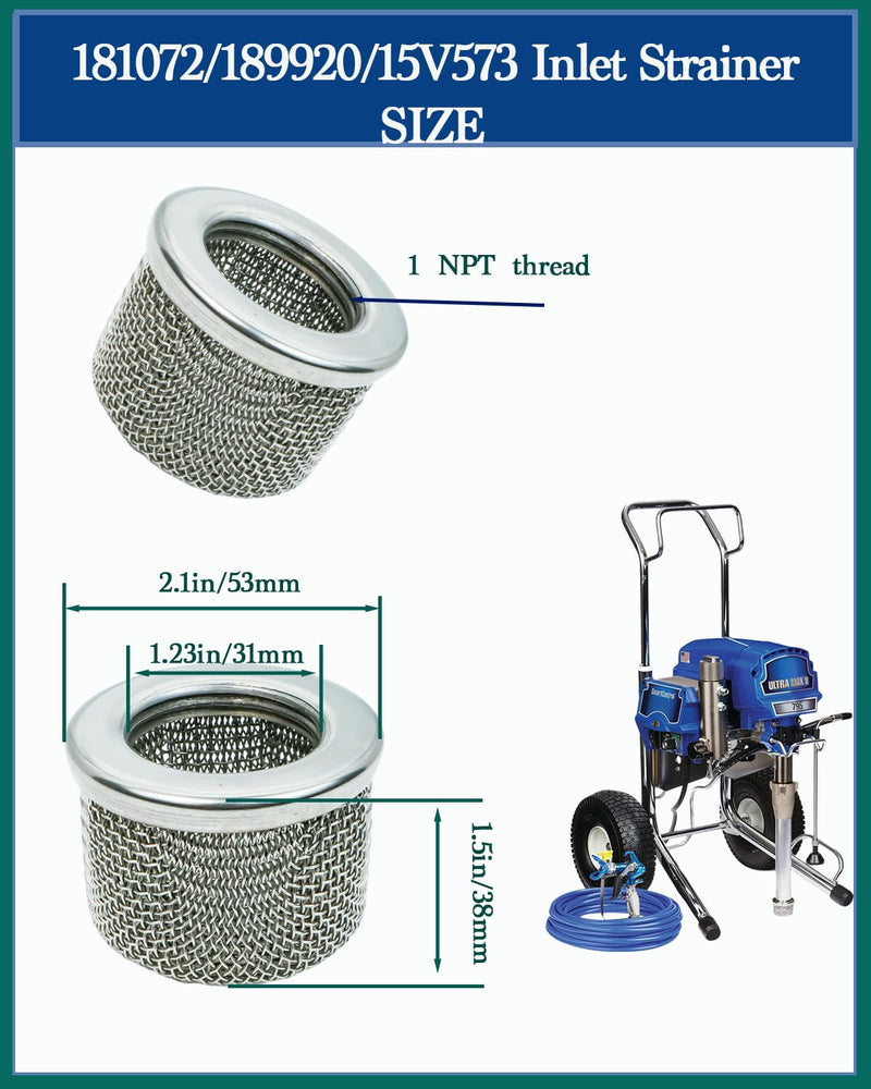 Inlet Strainer, Compatible with Graco Part Numbers 181072, 189920, 15V573 and Models 795, 1095, 1595, 3900, 5900, 5000 Airless Paint Sprayers Replacement Accessories 181072 Inlet Strainer silver