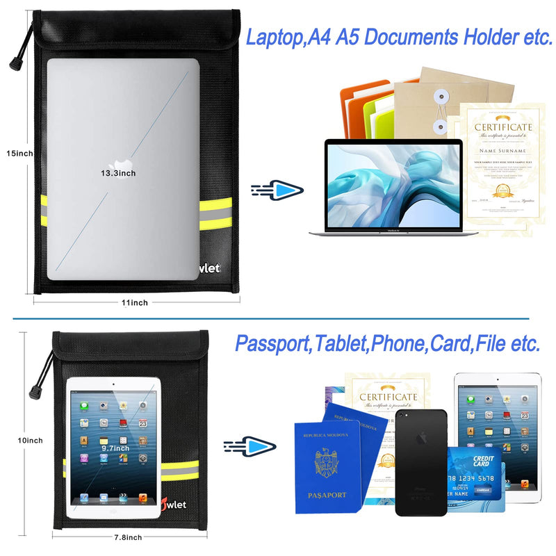 Fireproof Waterproof Money Document Bag - 2 Pack Safe Upgraded Zipper Bags, Fire & Water Resistant Storage Organizer Pouch for A4 A5 Documents Holder,File,Cash,Jewelry,Passport,Tablet,Laptop (Black) Black