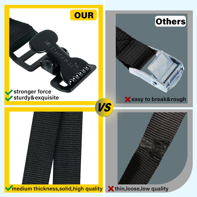 MELOTOUGH 4Pk 1" x 12ft Lashing Strap with Alligator Thumb Buckle Cargo Secure Webbing Up to 450lbs,Ladder Straps,Tie Down Straps,Utility Straps with Clips,Black 12 ft Black