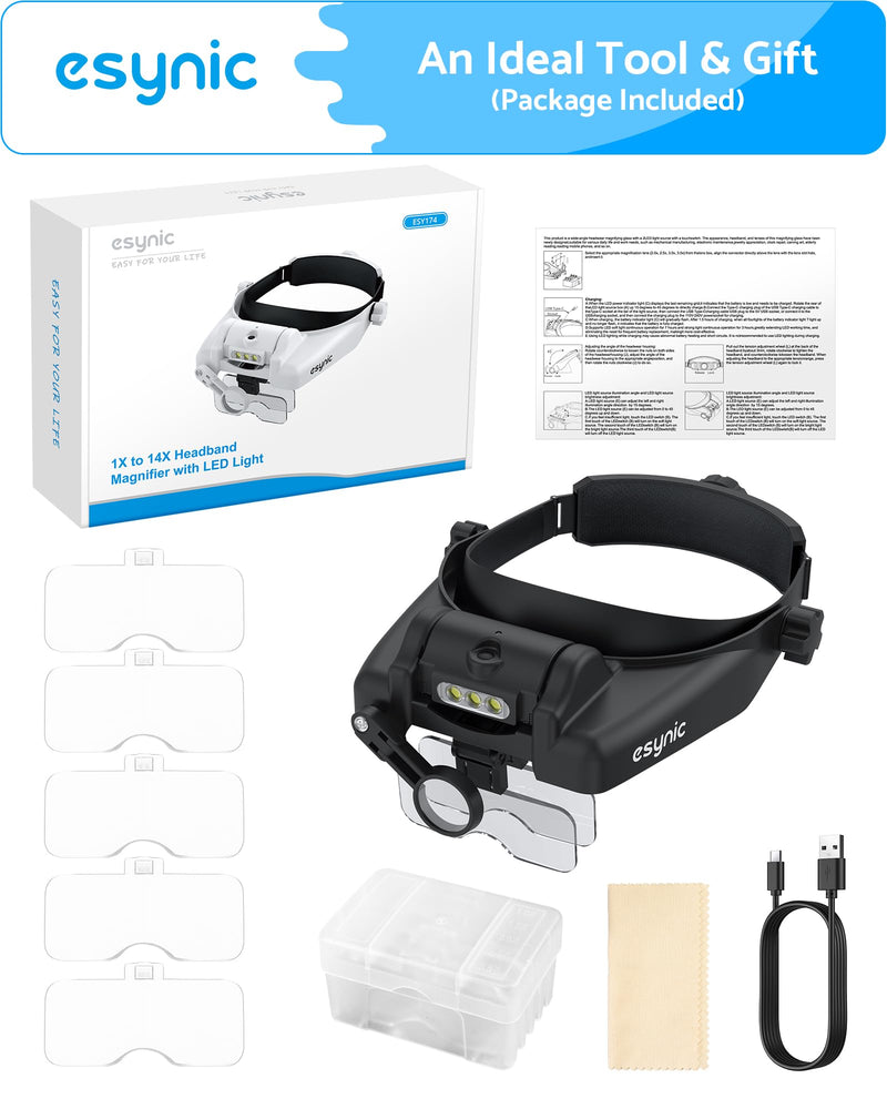 eSynic Type-C Rechargeable Magnifying Glasses Headset-Up to 14X Magnification-5 Interchangeable Lens-3 LED Lights -2 Adjustable Brightness Levels-Comfort & Fit Headband Magnifier for Crafts/Reading