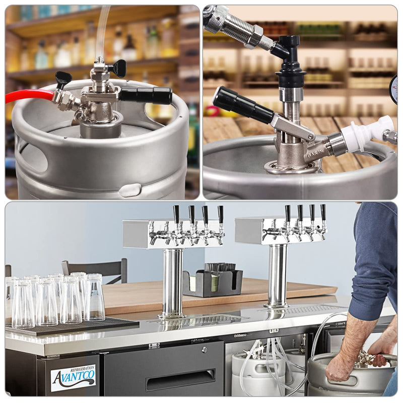 European Sankey S System Keg Coupler, 1/4'' Beer Barb Stainless Steel Probe Brass Body 5/16'' Gas Tailpiece Draft Kegerator Tap Dispenser with Safety Pressure Relief Valve Brewing Hose Clamp s type keg coupler