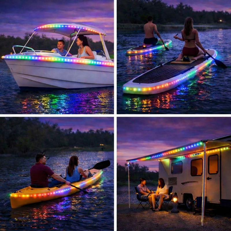 Battery Powered RGB+IC Dream Color Chasing Marine Boat LED Strip Lights with Remote, 16.4FT IP68 Waterproof WS2812B Addressable Kayak SUP Light for Pontoon, Paddleboard, Canoes, Golf Cart 1 x 16.4FT