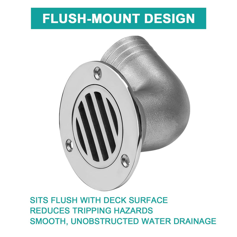 Boat Deck Floor Drain, 90-Degree Boat Deck Drain with Elbow Outlet, Flush-Mount, Heavy-Duty 316 Stainless Steel, with Screws 1-1/2 inch