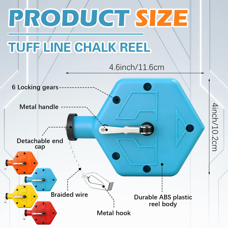 4 Pcs Chalk Line Tool Set, Portable 100 ft Marking Reel with PP Chalk Box for Construction, Woodworking, Bricklaying, Straight Line Marking, Orange & Blue (4, Orange + Blue + Yellow + Red) 4