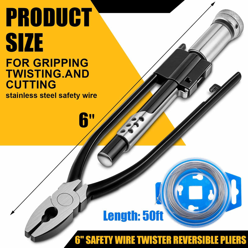 Reversible Safety Wire Twister Pliers with 50ft 0.032 Inch Steel Wire Left and Right Twists Aircraft Twisting Tool Automatic Metal Lock Twister for Aircraft Auto Industry(6 Inch) 6 Inch