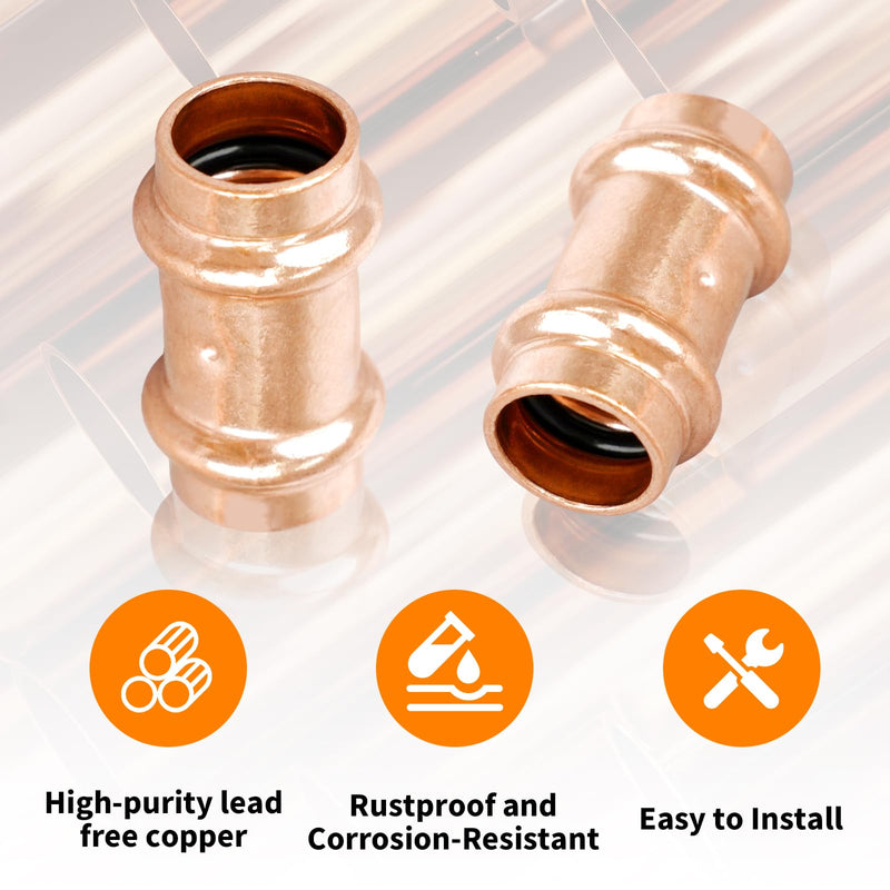 (Znkiok 15 Pack)1/2" Press Copper Fittings Zero Lead,1/2 Inch Press Coupling With Stop For Copper Tube Connection,UPC,NSF/ANSI61 Certified. 1/2"Press Coupling With Stop-15Pack