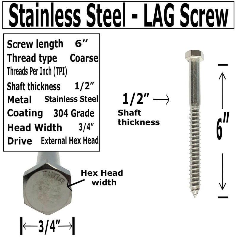 1/2" X 6" - 304 Grade Stainless Steel lag Screws, Hex Head Fasteners, Stainless Steel Screw. Use as Construction, Wood, Metal, lag Screw or mounting Screws Fasteners lag Bolts. Heavy Duty Screws. (5)