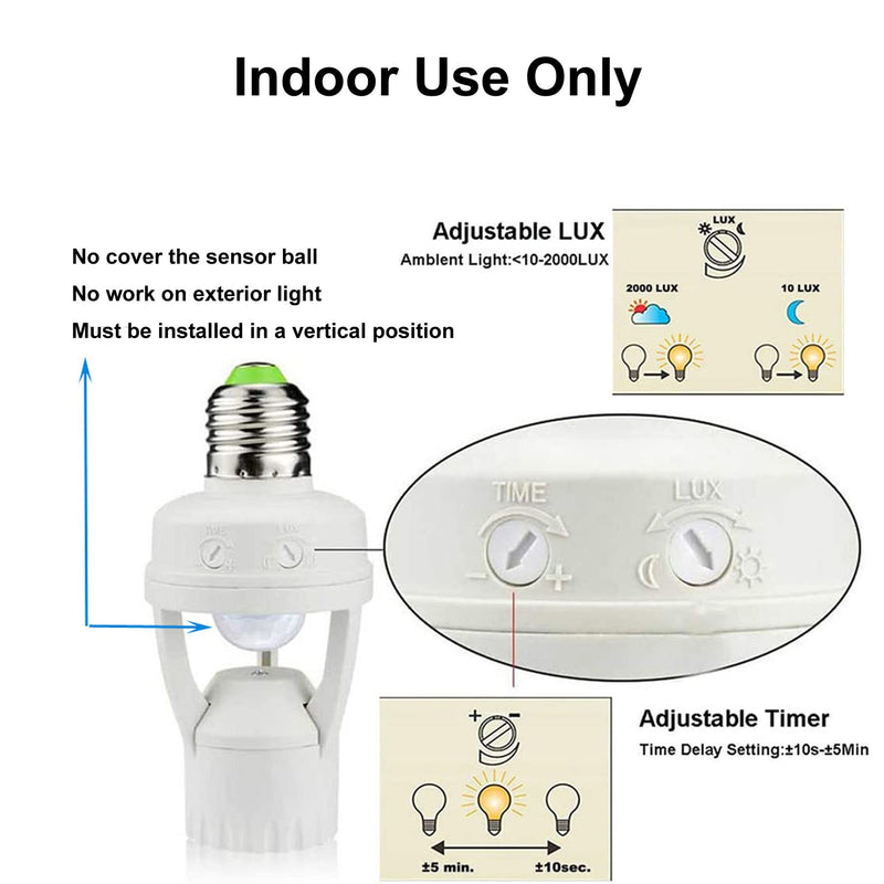 LPHUMEX 3pcs Motion Sensor Light Sockets, E26/E27 Screw in Motion Sensor Sockets for Existing Lights, Dusk and Dawn Auto Lights Motion Detector Indoor for Front Door Porch Garage Closet 3