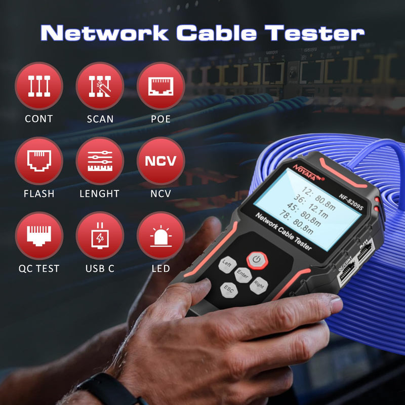 Network Cable Tester NF-8209S, Wire Tracer with PoE and NCV, Cable Length QC SCAN Cont Flash Tester, LAN/Ethernet Tester for CAT5, CAT6, Lithium Battery, LED Lighting NF8209S