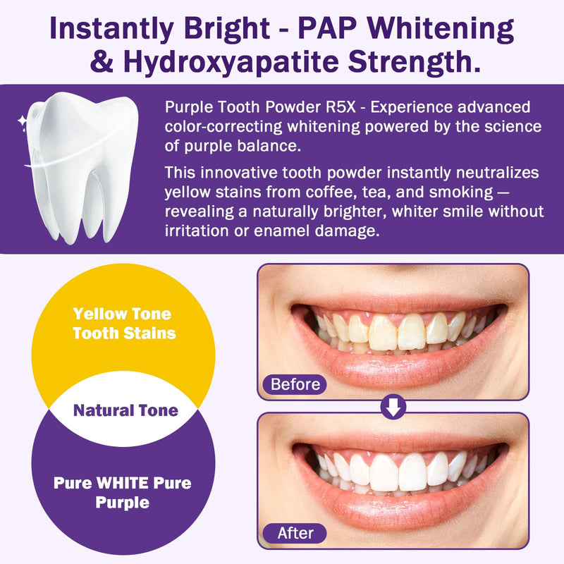 Purple Teeth Whitening Powder, Hydroxyapatite R5X Tooth Powder for Coffee, Tea, Smoke Stain Removal, Breath Freshener & Sensitive Dental Care, 2 Pack