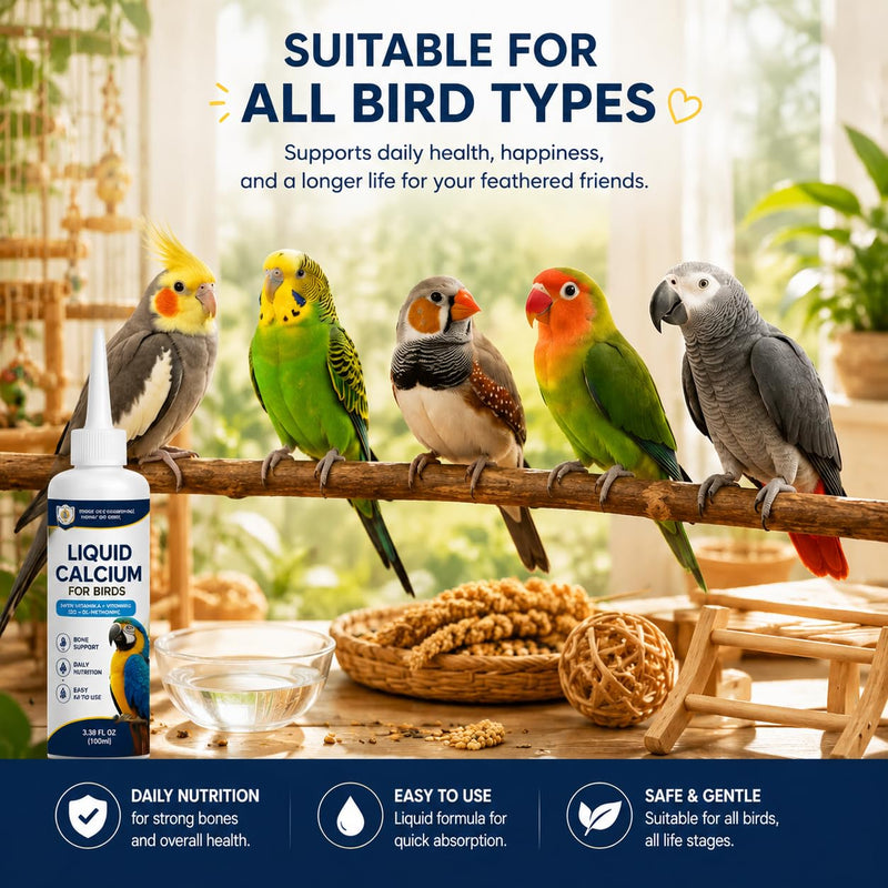 Liquid Calcium for Birds, Calcium Drops with Vitamin D3 for Parrots, Cockatiels & Budgies, Bird Calcium Supplement for Strong Bones, Healthy Feathers & Daily Nutrition, 3.38 FL OZ