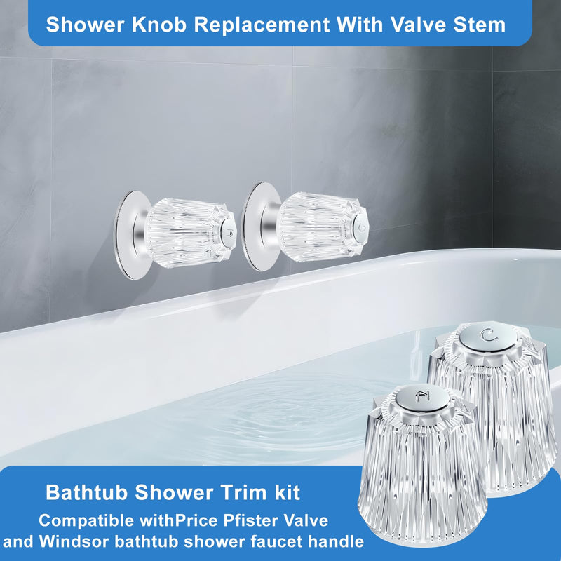 Bathtub Shower Knob 2 Piece Replacement Kit for Price Pfister Verve Compatible with Windsor Shower Faucet Handle, Trim Repair Kit with Acrylic Shower Handle and Shower Stems, Seats Parts, Flanges