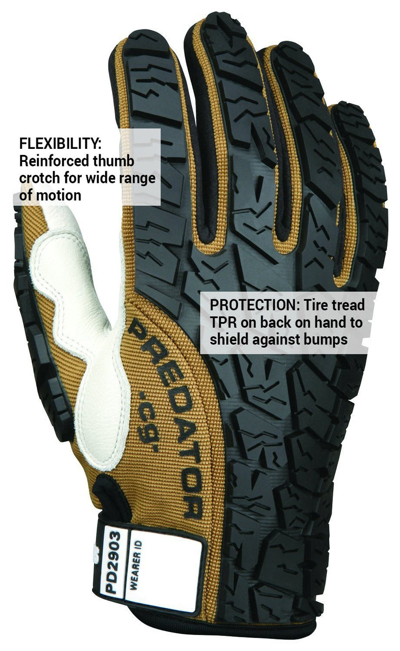 MCR Safety PD2903XL Predator Multitask Grain Cow Leather Palm, Breathable, Padded Gloves, Tire Tread Backing, White, X-Large, 1 Pair Tan