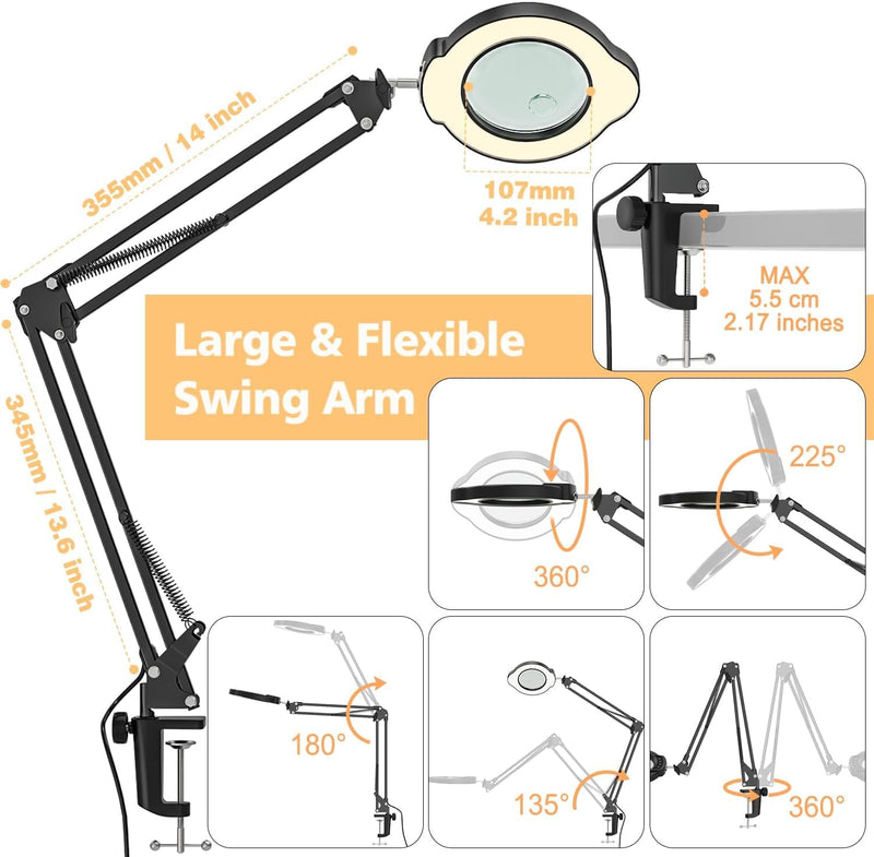 Magnifying Glass with Light and Clamp, 15X 10X Desk Magnifying Lamp, 84 LED Real Glass Lens Magnifier, 5 Color Modes Stepless Dimmable, Adjustable Hands Free Table Lamp for Repair Crafts Hobby Sewing - NewNest Australia