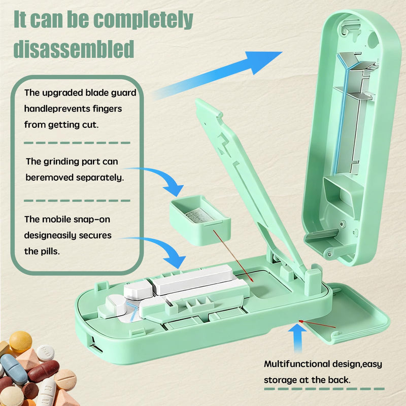 Pill Cutter Splitter - 1/2 1/3 1/4 Tablet Slicer for Tiny Large Pills, Centering Device, Stainless Steel Blade, Pill Crusher for Fine Powder, Portable with Storage Bag, Tweezers & Cleaning Brush