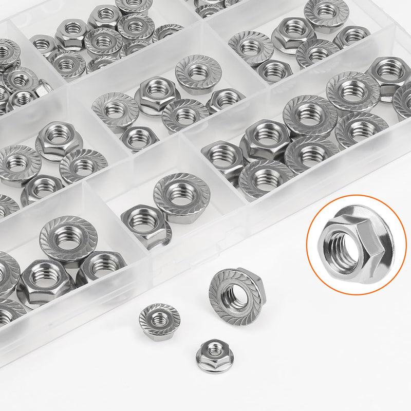 104 Pieces 5 Sizes Flange Nuts, Serrated Flange Hex Lock Nuts Assortment Kit, 304 Stainless Steel (#6-32#8-32#10-24 1/4"-20 5/16"-18) 104 Pieces 5 Sizes