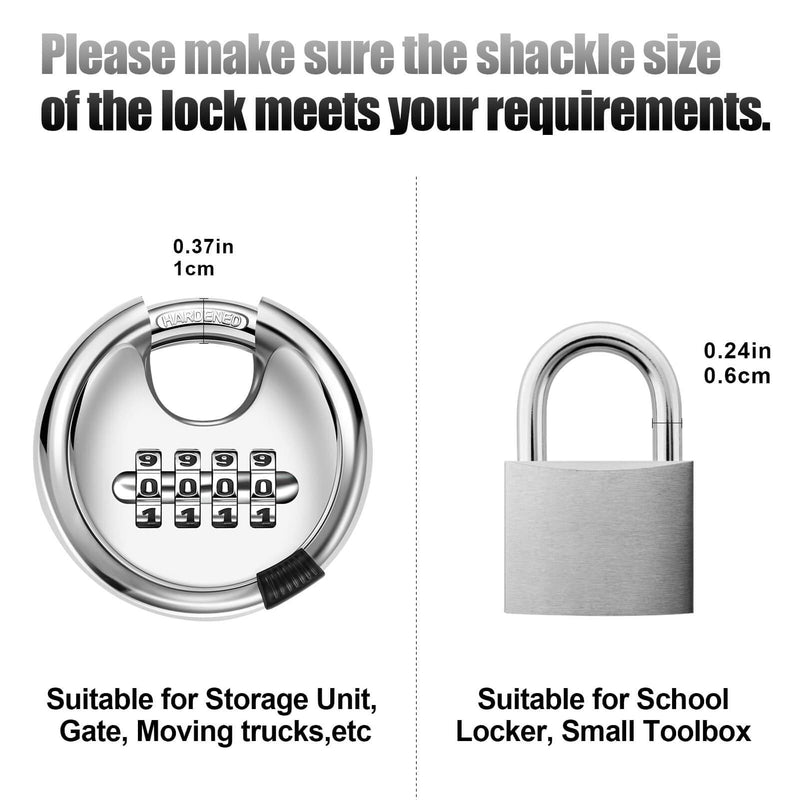 Rohuis Round Combination Lock, Uncuttable Combination Disc Padlock, 3/8 Inch Shackle Outdoor Combo Lock Pad Lock for Storage Unit, Garages, Fences (2 Pack) Silver 2pcs