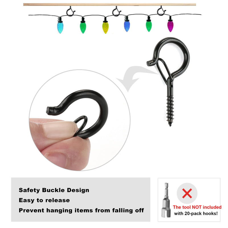 PlusRoc 20 Pack Screw Hooks for Outdoor String Lights, Heavy Duty 2.2 Inch Black Eye Hook Cup Hook Q-Hanger for Hanging, Wall Wood Ceiling Deck Mount