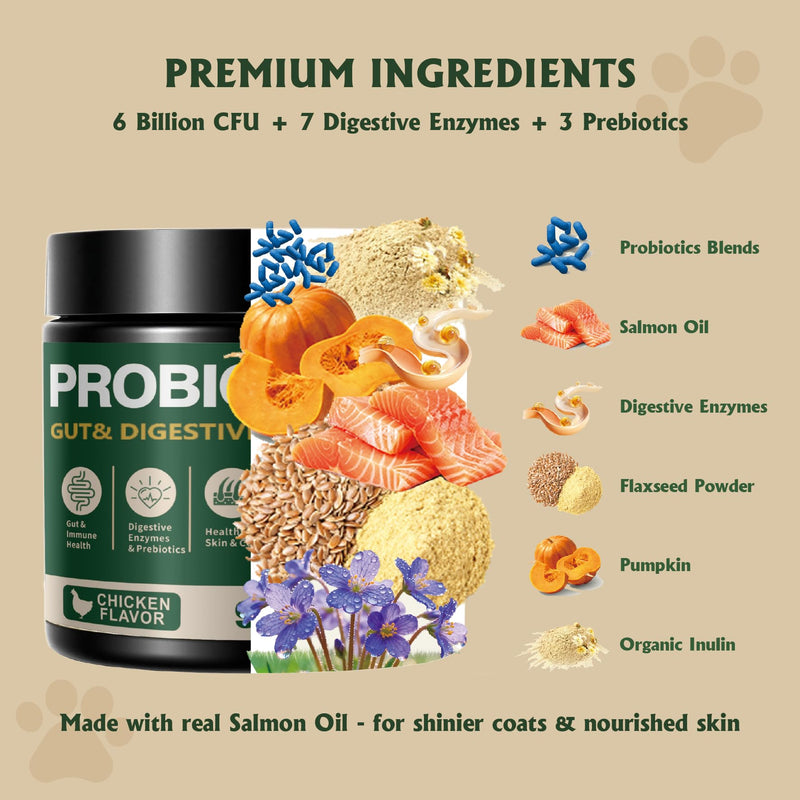 Probiotics for Dogs - Dog Probiotics for Yeast, Itchy Skin and Itchy Ears, Digestive Health, Diarrhea Relief, Gut & Immune Support - with 7 Enzymes, 6 Prebiotics & Omega-3 (Chicken Flavor 90ct)