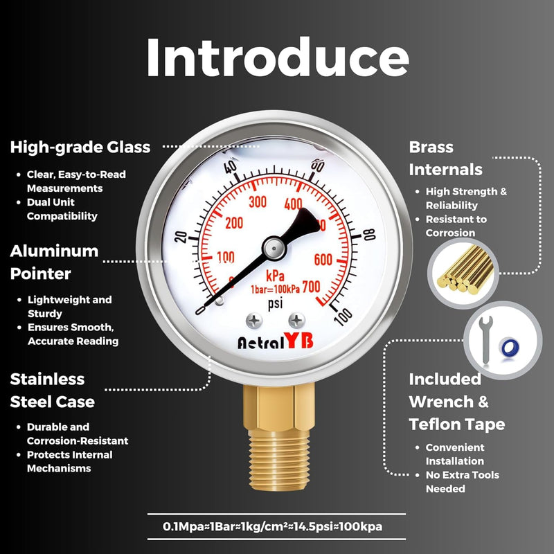 Glycerin-Filled Pressure Gauge,Brass Internal 2-Inch Gauge, Stainless Steel, 1/4" NPT Lower Mount (0-100Psi 2 Pack) 0-100Psi 2 Pack