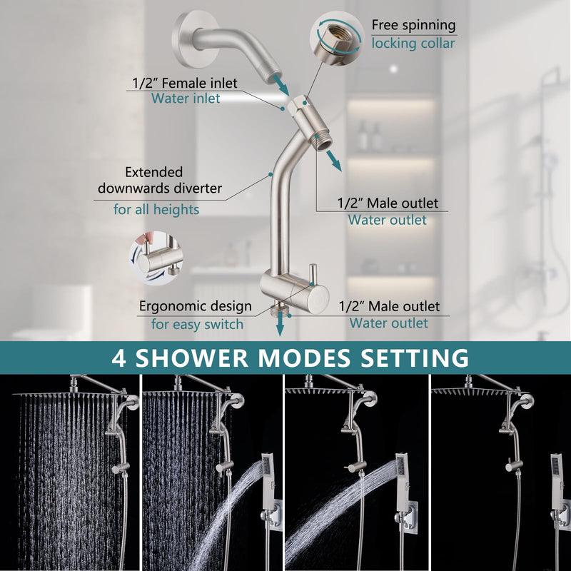PDPBath Brass Shower Arm Diverter with Adhesive Handheld Holder for Easy Reach, Upgrade Low 3-Way Diverter with Pause Setting, G1/2 Universal Connection - Brushed Nickel