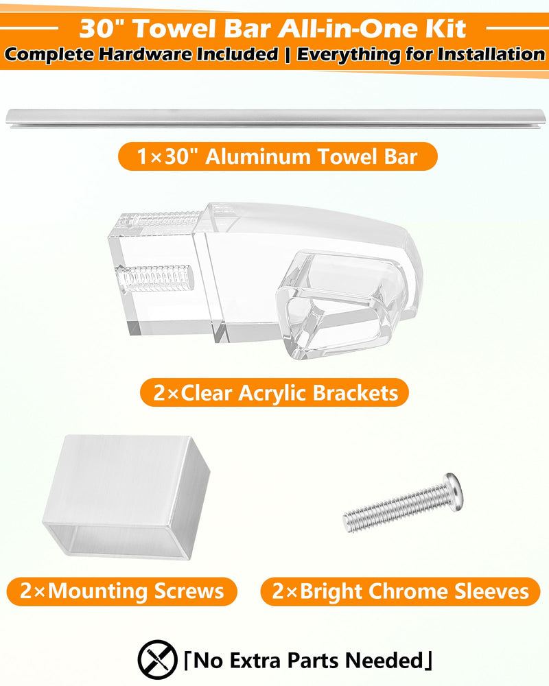 IWIWE 30" Long Chrome Framed Sliding Shower Door Towel Bar Kit - Clear Acrylic Brackets with Bright Chrome Sleeve, Replacement for Alumax/Basco Framed Sliding Glass Shower Door Towel Rod 30" Chrome Towel Bar (w/Clear Brackets)