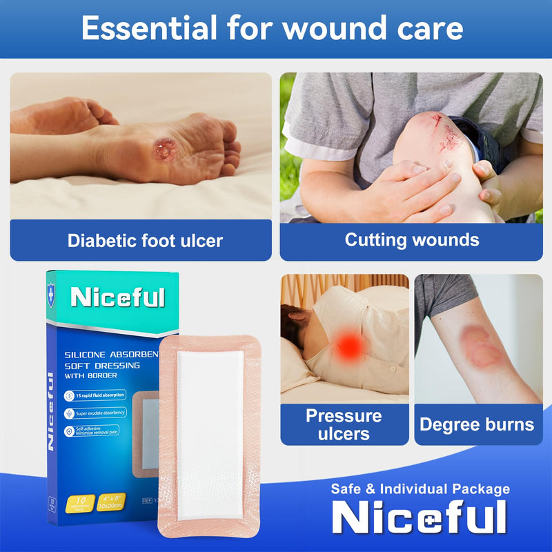 Silicone Super Absorbent Wound Dressing - 4"×8" Large Absorbant Bandages with Adhesive Borders, FSA HSA Eligible, Wound Care Dressings for Bed Sores Leg Ulcers Self-Adhesive 4"x 8"