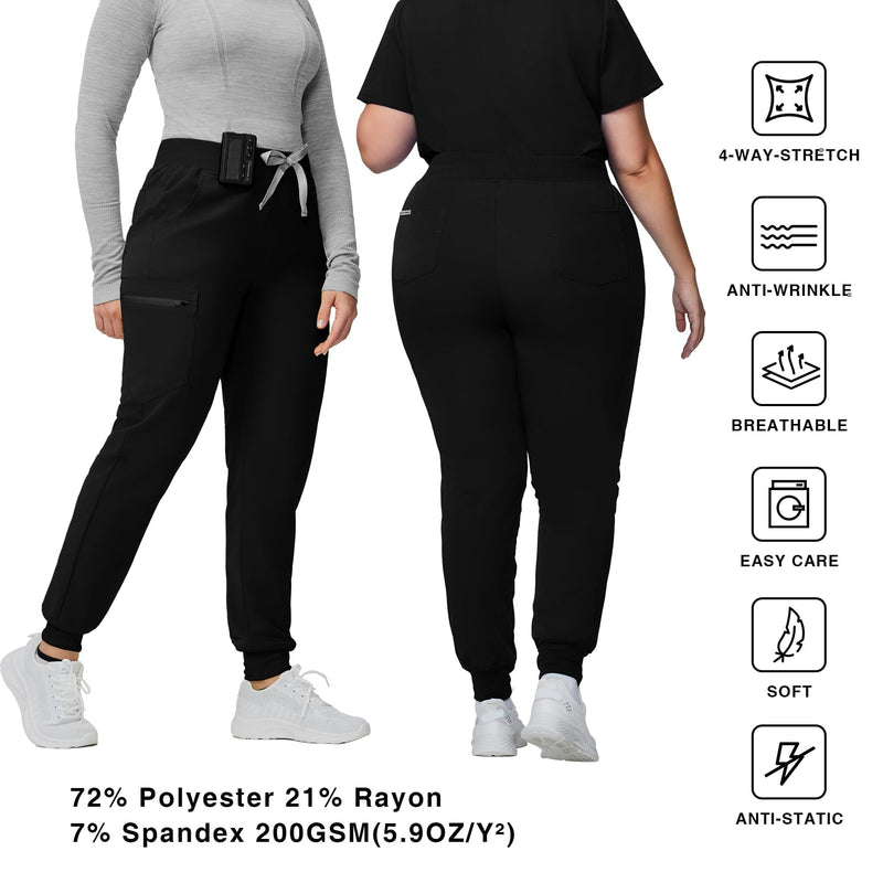 Medical Scrub Pants for Women - Mid Rise 4-Way Stretch Anti-Wrinkle Slim Fit Jogger Pants, Drawstring & 5 Pockets Regular Medium Black