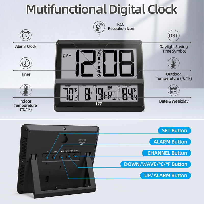 LFF Atomic Clock Large Display, Digital Wall Clock with Indoor Outdoor Temperature and Date, Wireless Outdoor Sensor, Digital Desk Alarm Clock Battery Operated for Bedroom, Easy to Read, Black