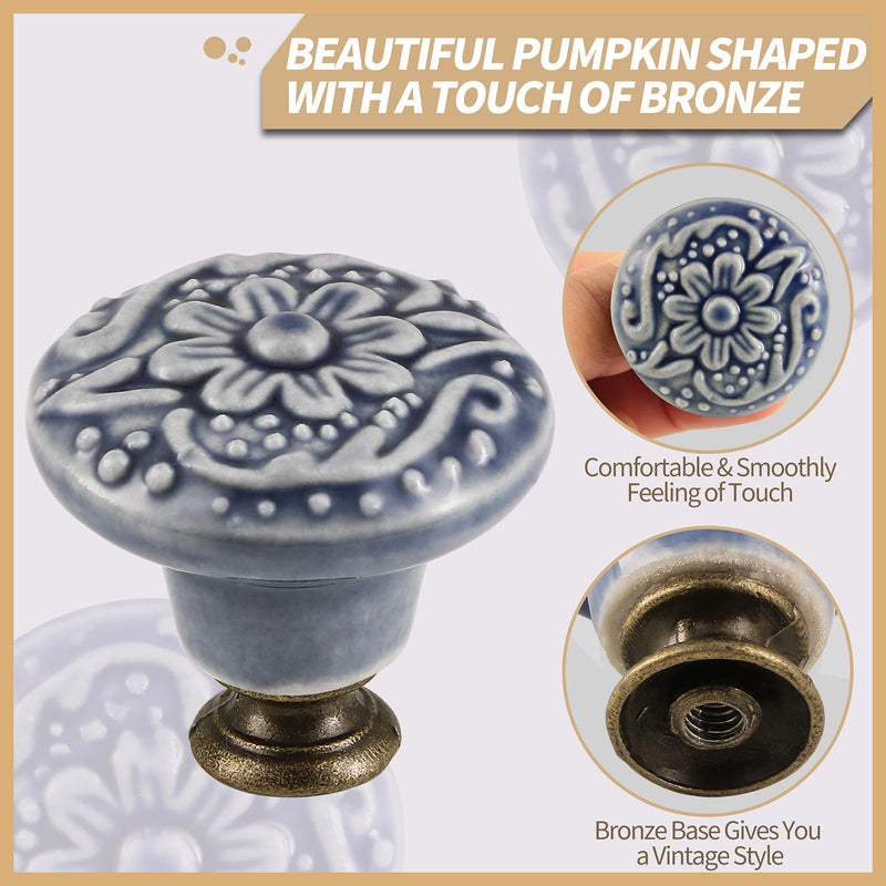 Greyish Blue Ceramic Knobs 10 Pack - Vintage Cabinet Knobs Retro Dresser Knobs - Flower Drawer Pulls with Screws for Closet Drawer Cupboard Cabinet and DIY Home Project Greyish Blue
