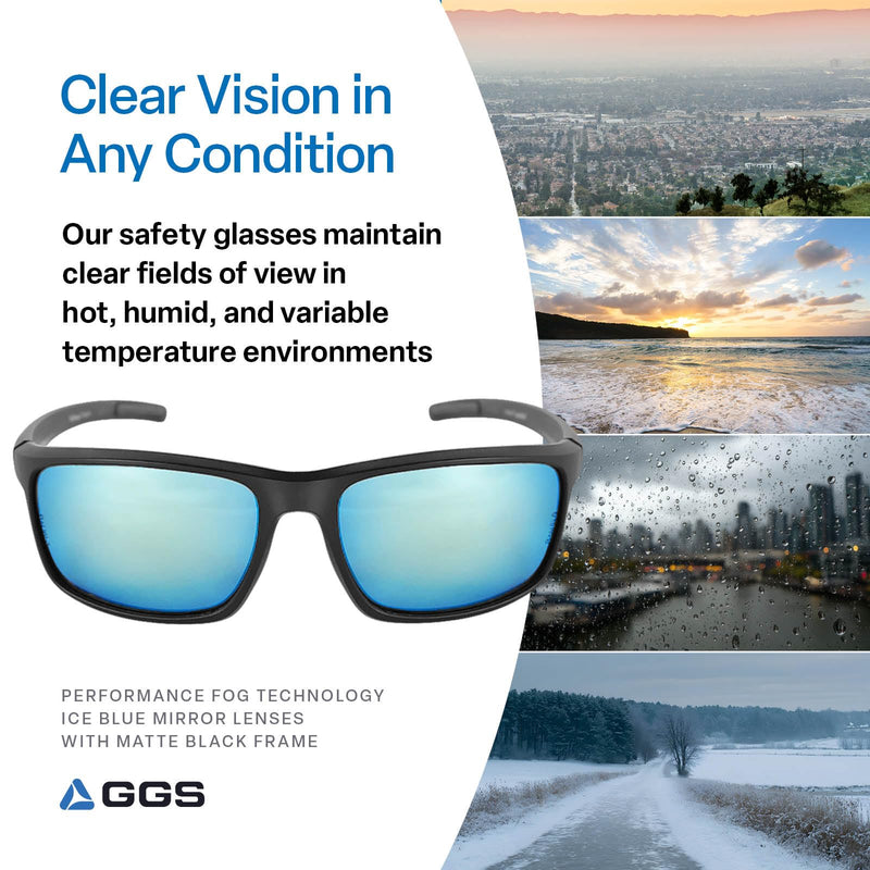 Bullhead Safety Eyewear Pompano Glasses - Anti-Fog, Lightweight, Impact/Scratch Resistant, Polarized Sunglasses for Cycling, Fishing, Driving, Ice Blue/Matte Black Performance Fog Tech, Polarized, Precision Lens Ice Blue Mirror Lens, Matte Black Frame