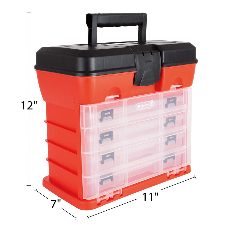 Storage Tool Box - Portable Multipurpose Organizer With Main Top Compartment and 4 Removable Multi-Compartment Trays by Stalwart,Red,11 in x 7 in x 10 in Red
