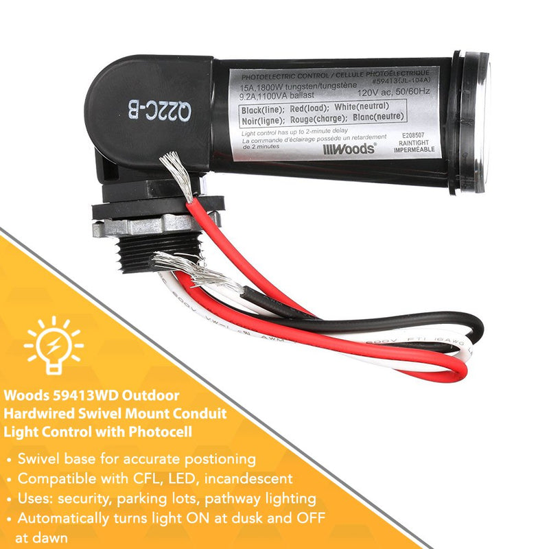 Woods 59413 59413WD Outdoor Conduit Lighting Control With Photocell and Swivel Mount (Hardwired, Black), 1 Count (Pack of 1) 1 Count (Pack of 1) Swivel-Mount Light Control