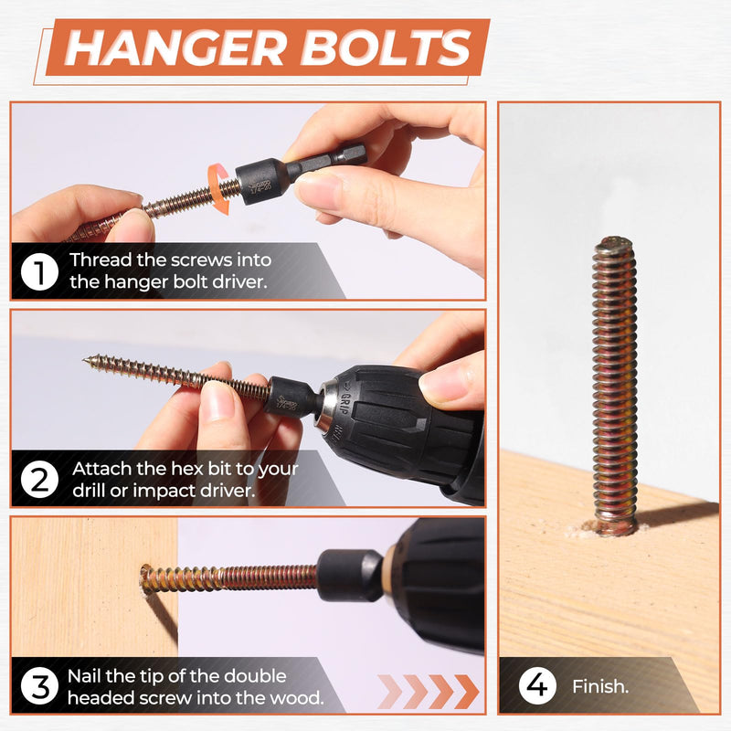 16PCS 1/4"-20 x 3" Hanger Bolts Kit & 1PCS 1/4"-20 Hanger Bolt Driver with 1/4 Hex Shank,Double-Headed Screws,Self-Tapping Screw,Wood Dowel Screw,Suitable for Assembling Furniture 1/4-20"x3"-16PCS