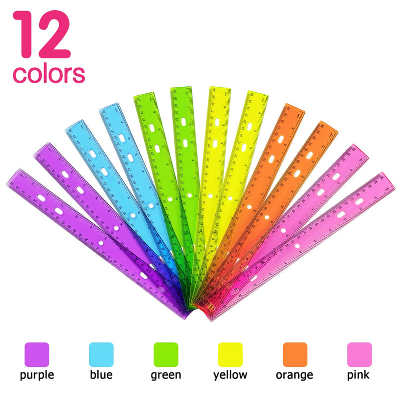 ZZTX 12 Pack Color Transparent Ruler Plastic Rulers 12 Inch, Metric Bulk Rulers with Inches and Centimeters, Kids Ruler for School, Home, Office